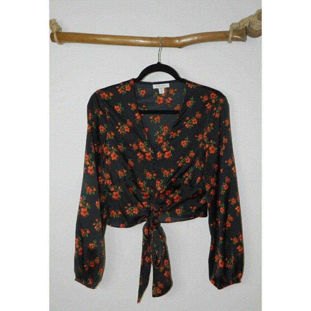 Topshop Blouse Black Red Floral Print Corset Tie Cropped‎ Long Sleeve Size 2